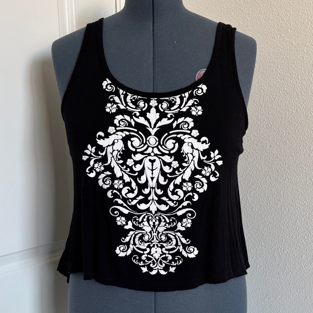 Sun n Moon Black Tank Top with White Ornate Design